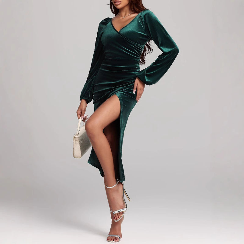 women's green velvet v-neck pleated dress, view 4 - MRSLM