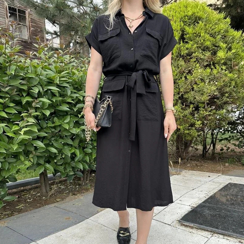 belted a-line shirt dress, view 3 - MRSLM