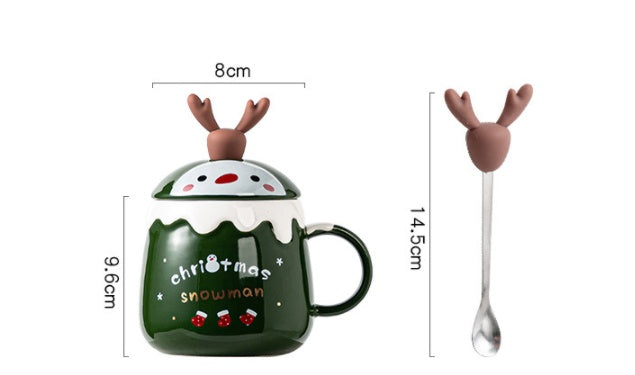 Christmas reindeer ceramic mug with lid and spoon, view 3 - MRSLM