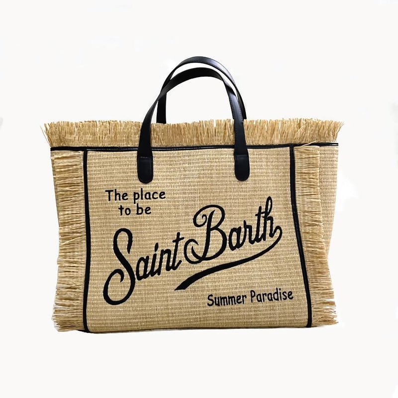 embroidered straw tote, view 2 - MRSLM