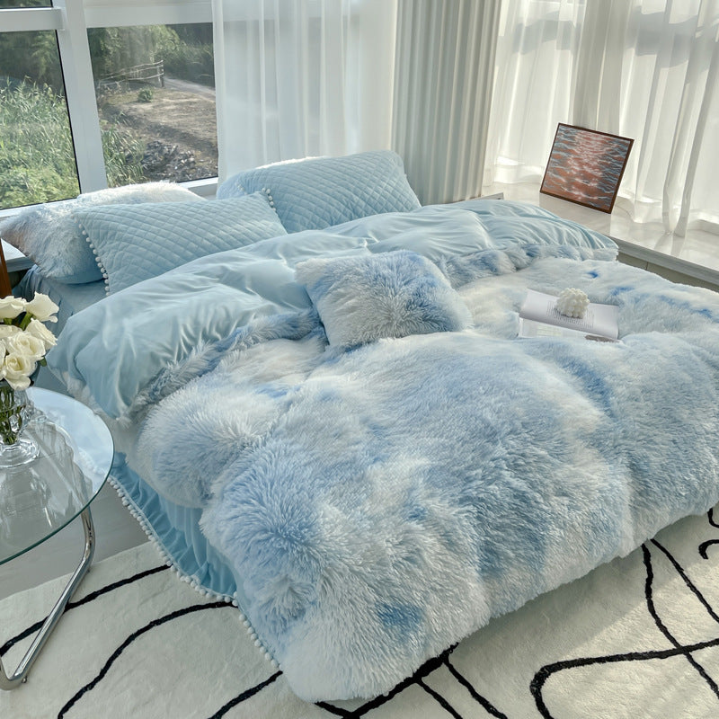 Milk Fiber Winter Faux Mink Bed Four-piece Long Plush Quilt Cover Coral Velvet Double-sided Plush Fleece-lined Quilted Bed Skirt Princess Style