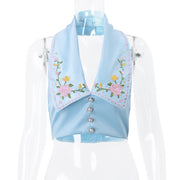 lapel button floral embroidered halterneck vest, view 4 - MRSLM