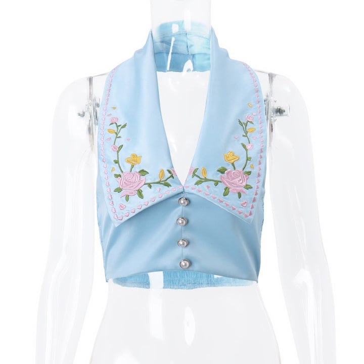 Sexy Hot Girl Lapel Breasted Flower Embroidered Printed Halterneck Vest Female