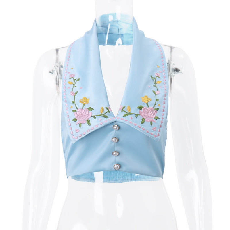 lapel button floral embroidered halterneck vest, view 4 - MRSLM