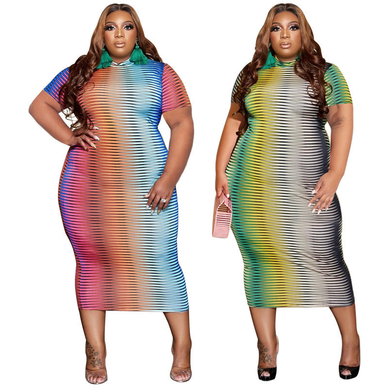 Round Neck Printed Short Sleeve Plus Size Women's Dress