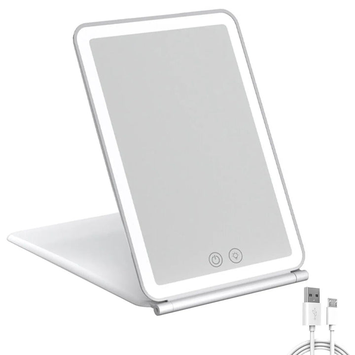 Touch Screen LED Makeup Mirror - Foldable, 3-Color Lighting, USB Rechargeable