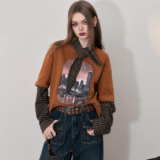 Graphic spliced long sleeve T-shirt - MRSLM