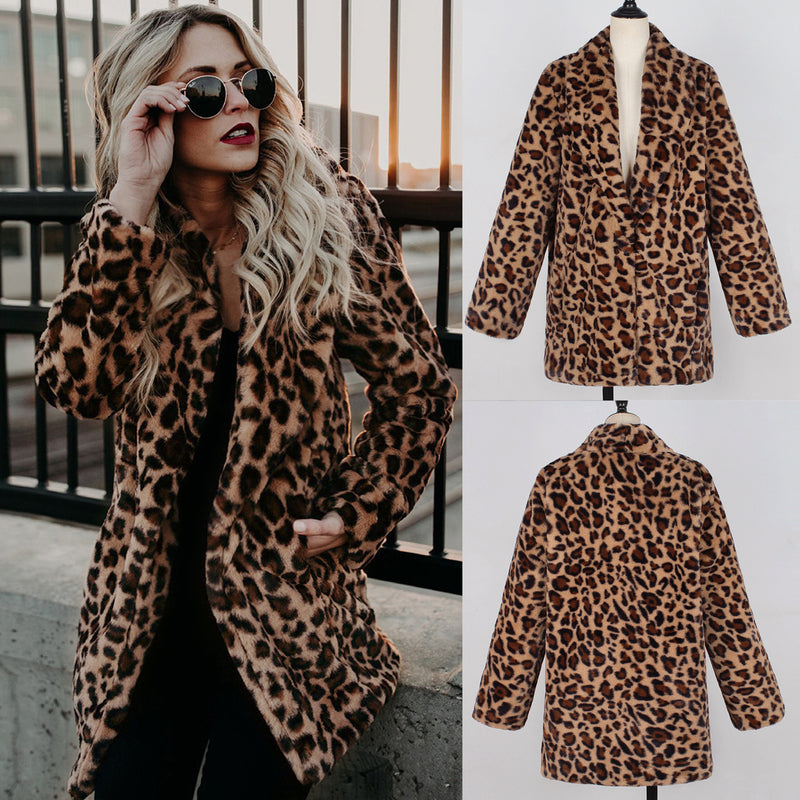 Women's leopard print faux fur winter coat, view 6 - MRSLM
