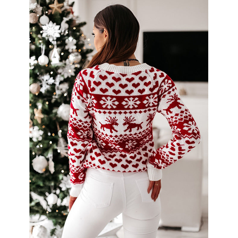 Women's Christmas elk and snowflake jacquard sweater, view 5 - MRSLM