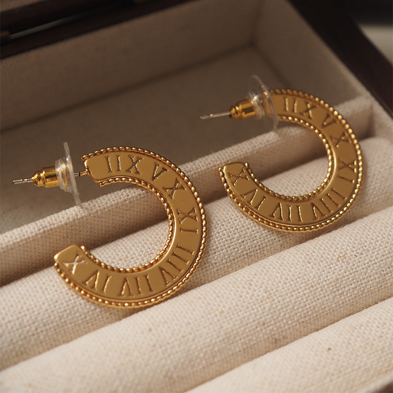 gold-tone roman numeral ring earrings, view 5 - MRSLM