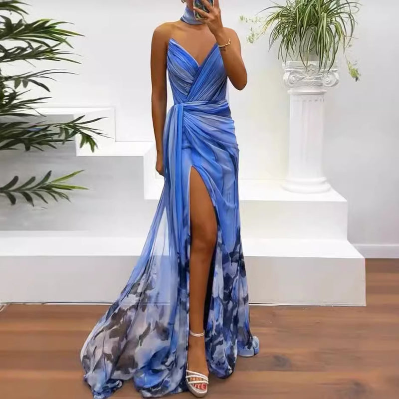 summer sleeveless elegant slit print dress - MRSLM
