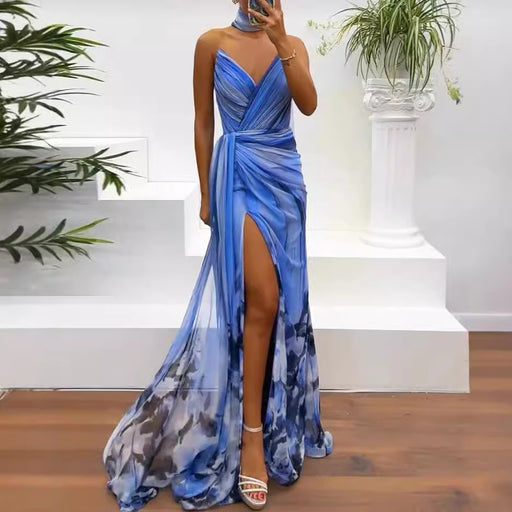 summer sleeveless elegant slit print dress - MRSLM