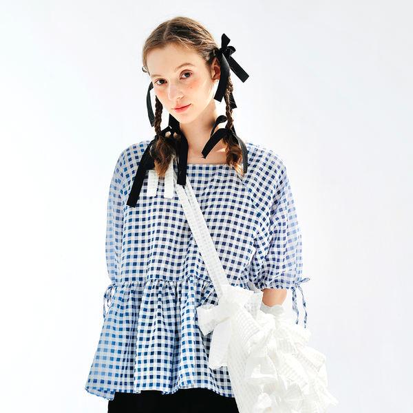 blue plaid puff sleeve shirt - MRSLM
