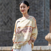 retro crane print linen zen shirt, view 3 - MRSLM