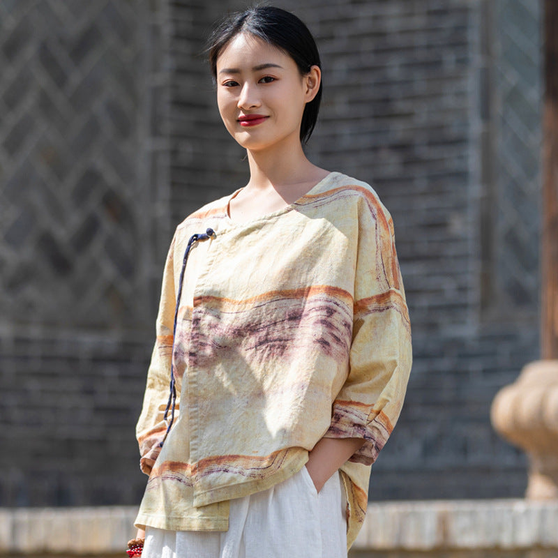 retro crane print linen zen shirt, view 3 - MRSLM