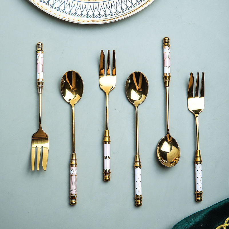 vintage gold ceramic dessert fork and spoon set, view 12 - MRSLM