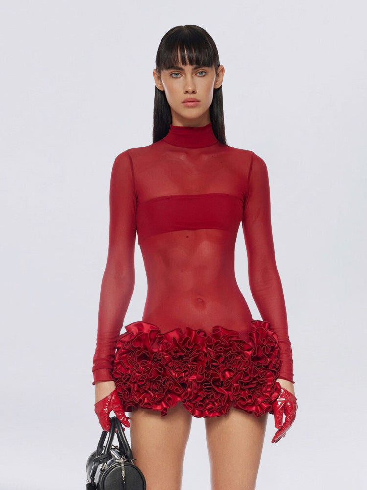 Women's red turtleneck long sleeve dress, view 6 - MRSLM