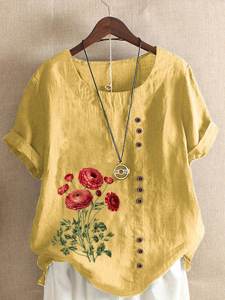 Camisetas casuales con botones de manga corta y cuello redondo con bordado de flores para mujer 