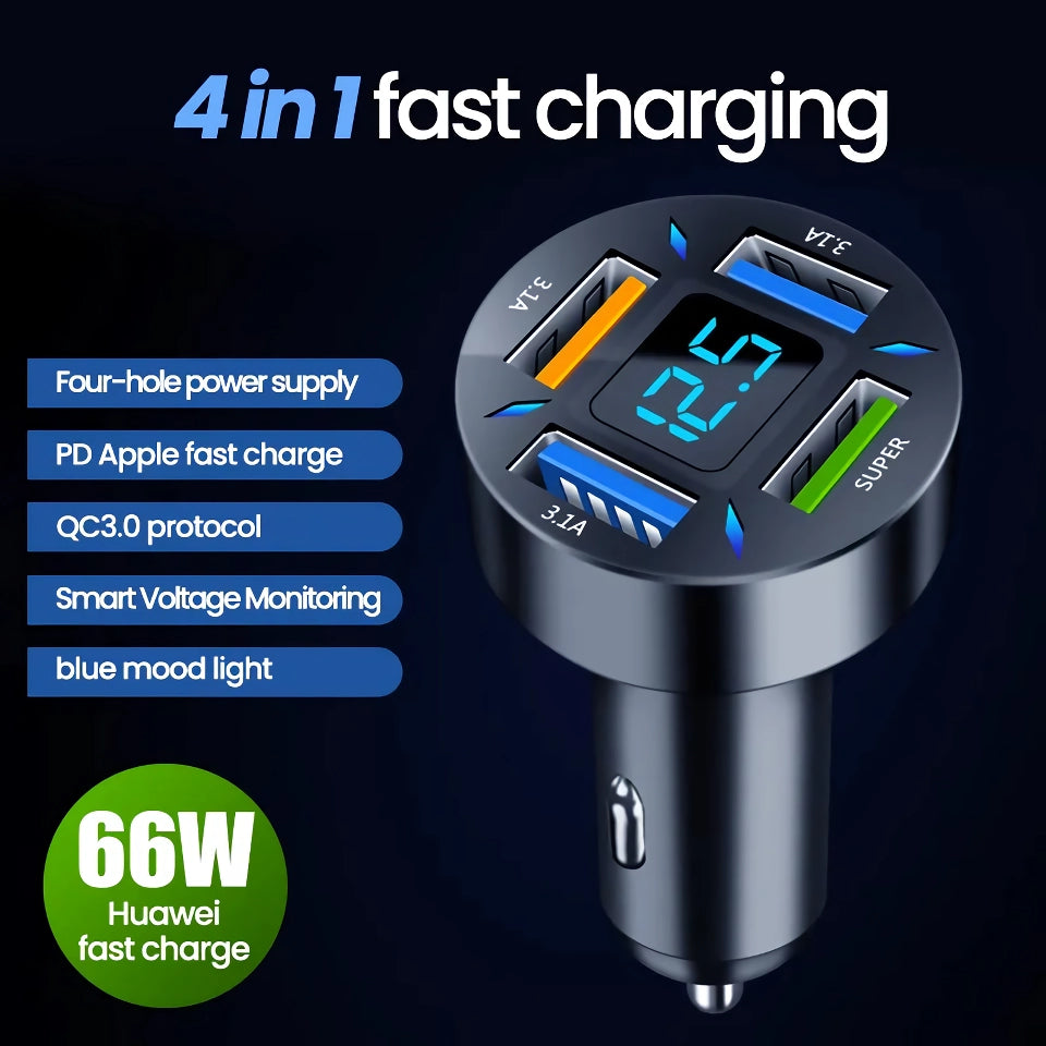 66W 4-Port USB Car Charger | Fast Charging PD Quick Charge 3.0