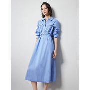 blue striped a-line shirt dress, view 3 - MRSLM