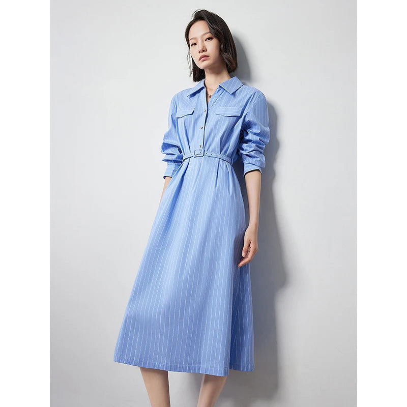 blue striped a-line shirt dress, view 3 - MRSLM
