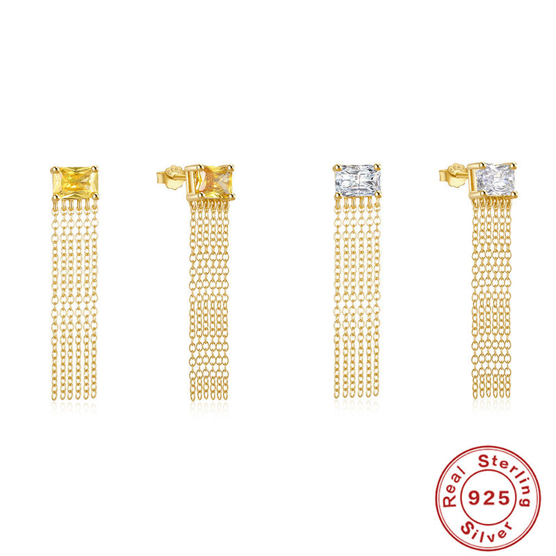 s925 silver square zircon chain tassel earrings, view 5 - MRSLM