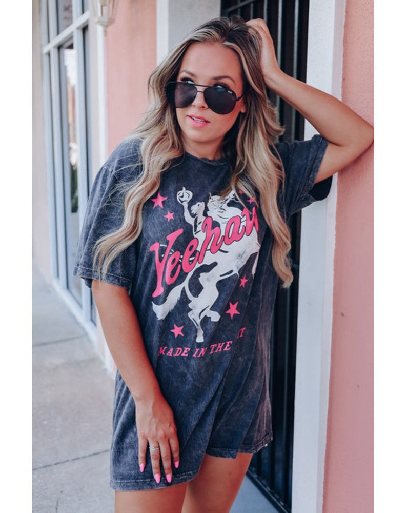 retro letter print round neck mid-length tee, view 7 - MRSLM