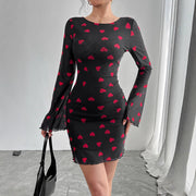 heart print flare sleeve backless mesh dress - MRSLM