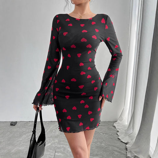 heart print flare sleeve backless mesh dress - MRSLM