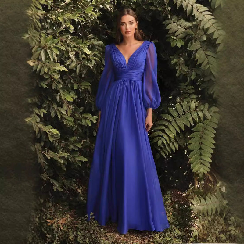long sleeve chiffon deep V dress, view 4 - MRSLM