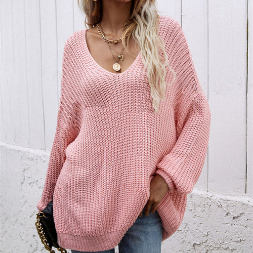 women's solid v-neck pullover sweater, view 4 - MRSLM