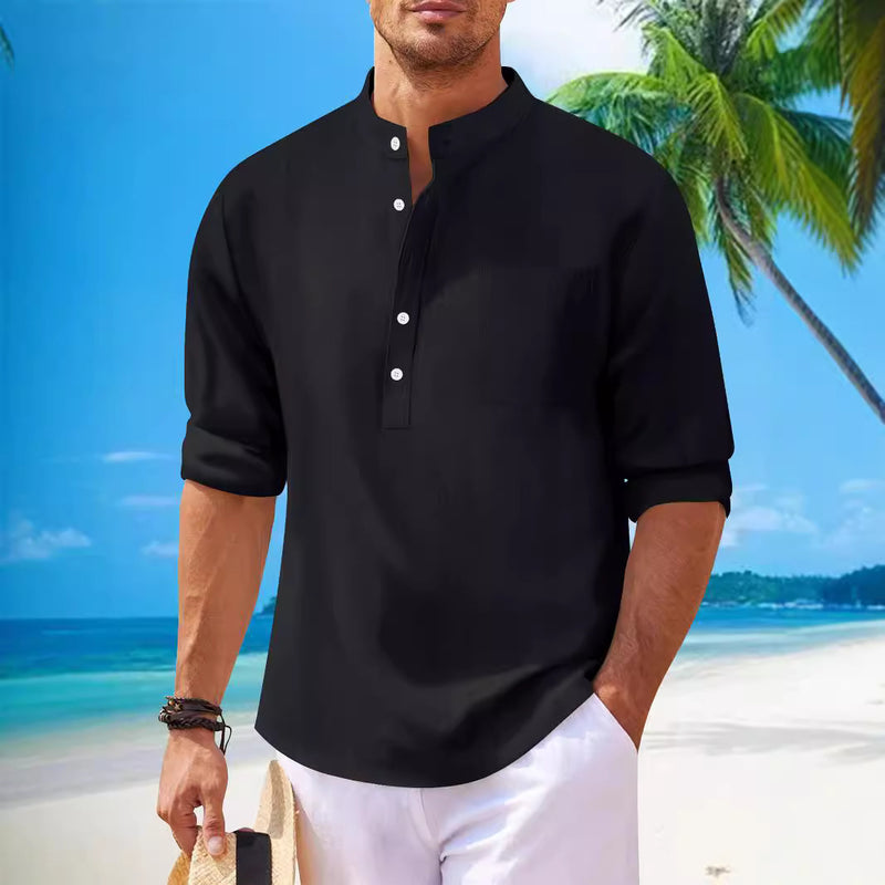 men's cotton stand collar long sleeve shirt, view 3 - MRSLM