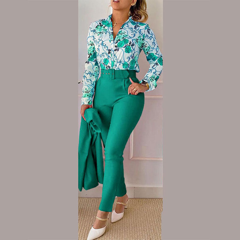 Women's Fashionable Printed Long-sleeved Shirt And Trousers Suit