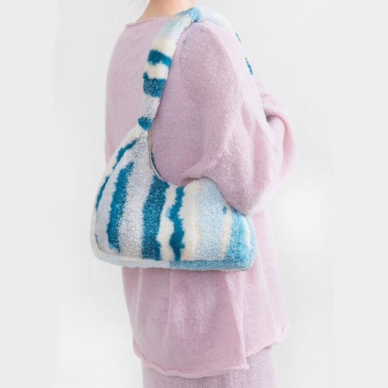 striped faux fur underarm hobo bag, view 7 - MRSLM