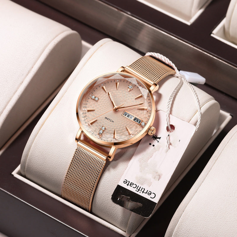 Women's rose gold mesh belt quartz watch, view 2 - MRSLM