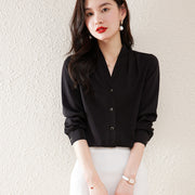 women's long sleeve v-neck loose shirt, view 2 - MRSLM
