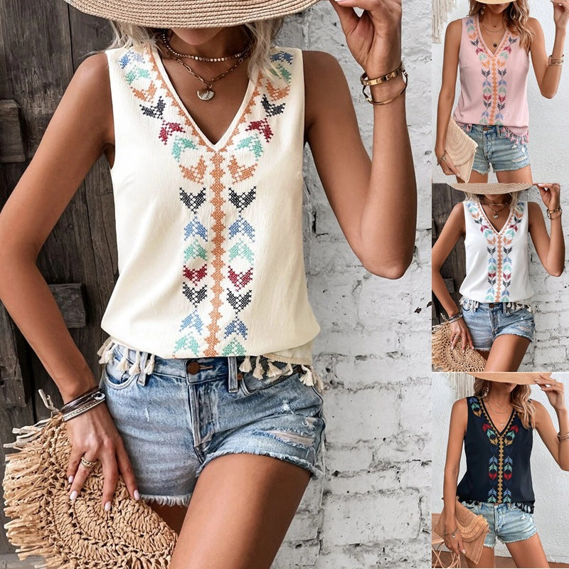 women's ethnic style v-neck embroidered vest top, view 7 - MRSLM
