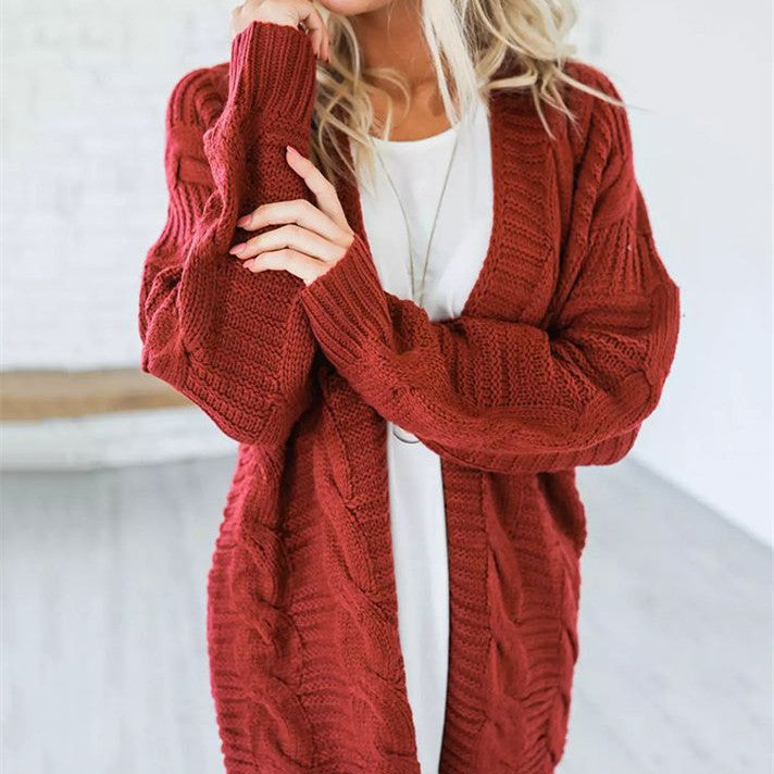 women's chunky twist knit mid-length cardigan - MRSLM