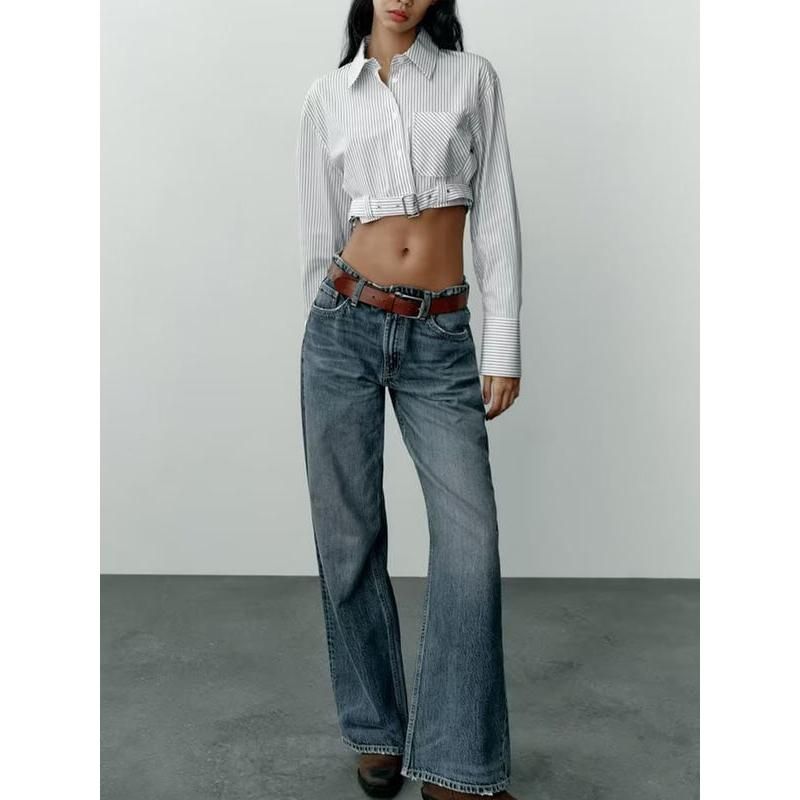 women's spliced belt long sleeve shirt, view 4 - MRSLM