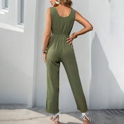 V-neck sleeveless jumpsuit with belt and pockets, view 3 - MRSLM