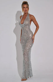 sparkle backless halter maxi dress, view 4 - MRSLM