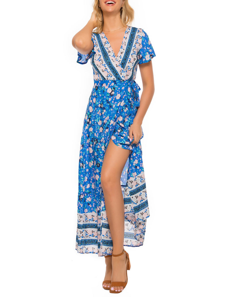 v-neck split bohemian print dress, view 12 - MRSLM