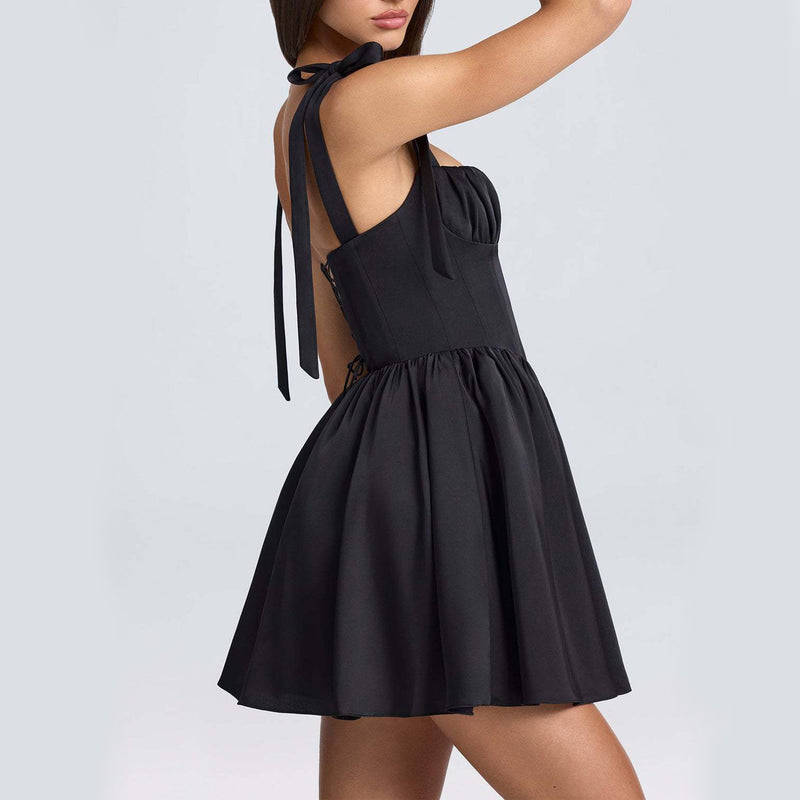 Bow-tied strap backless short dress, view 4 - MRSLM