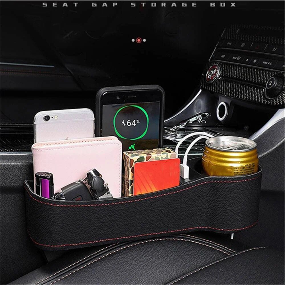 Leather Car Seat Gap Organizer with Dual USB Charging & Cup Holder