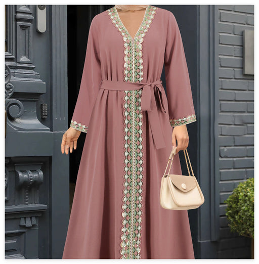 V-neck lace stitching long dress - MRSLM
