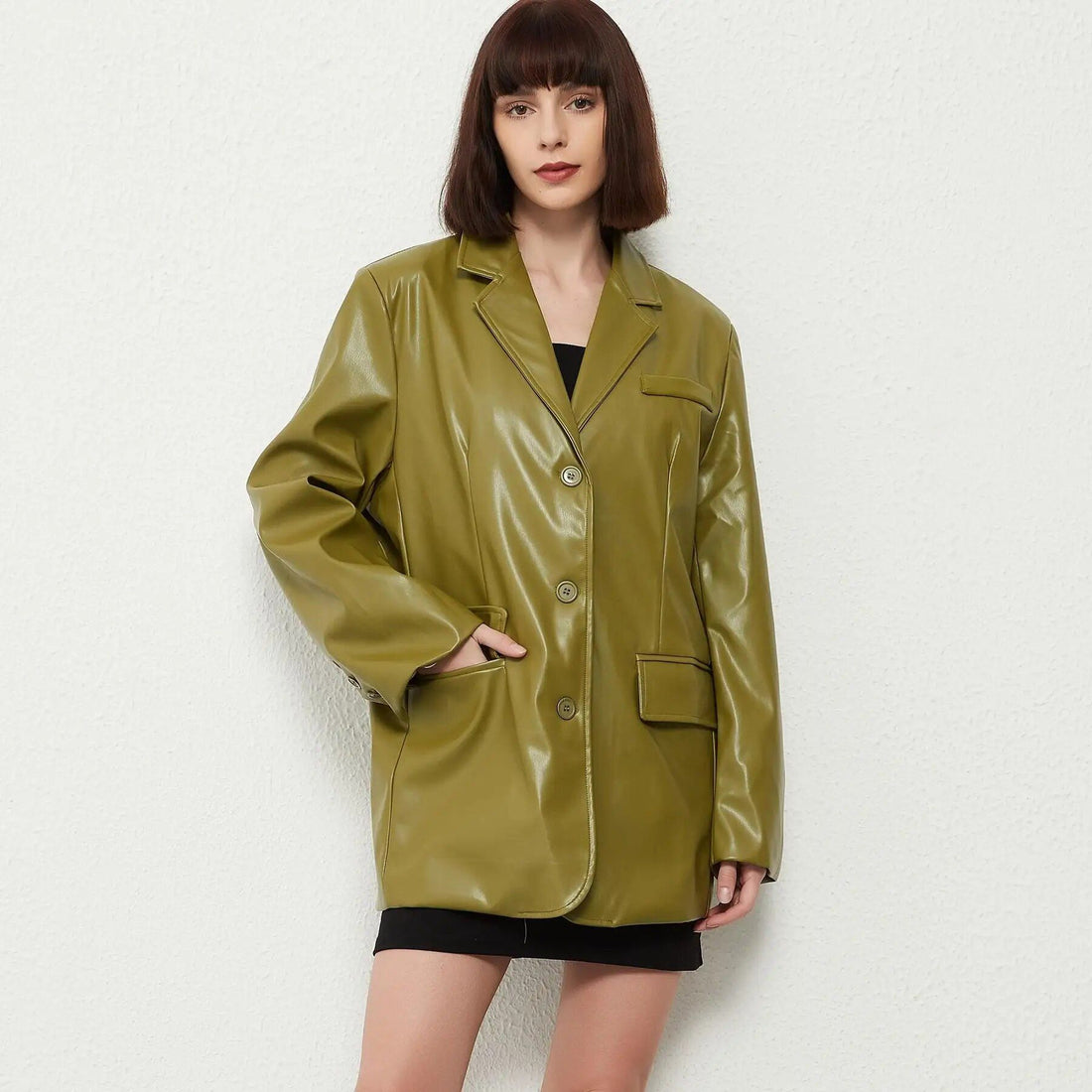 PU Leather Blazer Coat - Vintage Green Single Breasted