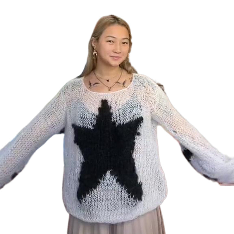 round neck star knit pullover sweater, view 5 - MRSLM