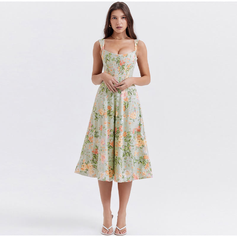 printed spaghetti strap midi dress, view 2 - MRSLM