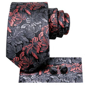 floral black and red silk necktie set for men, view 3 - MRSLM