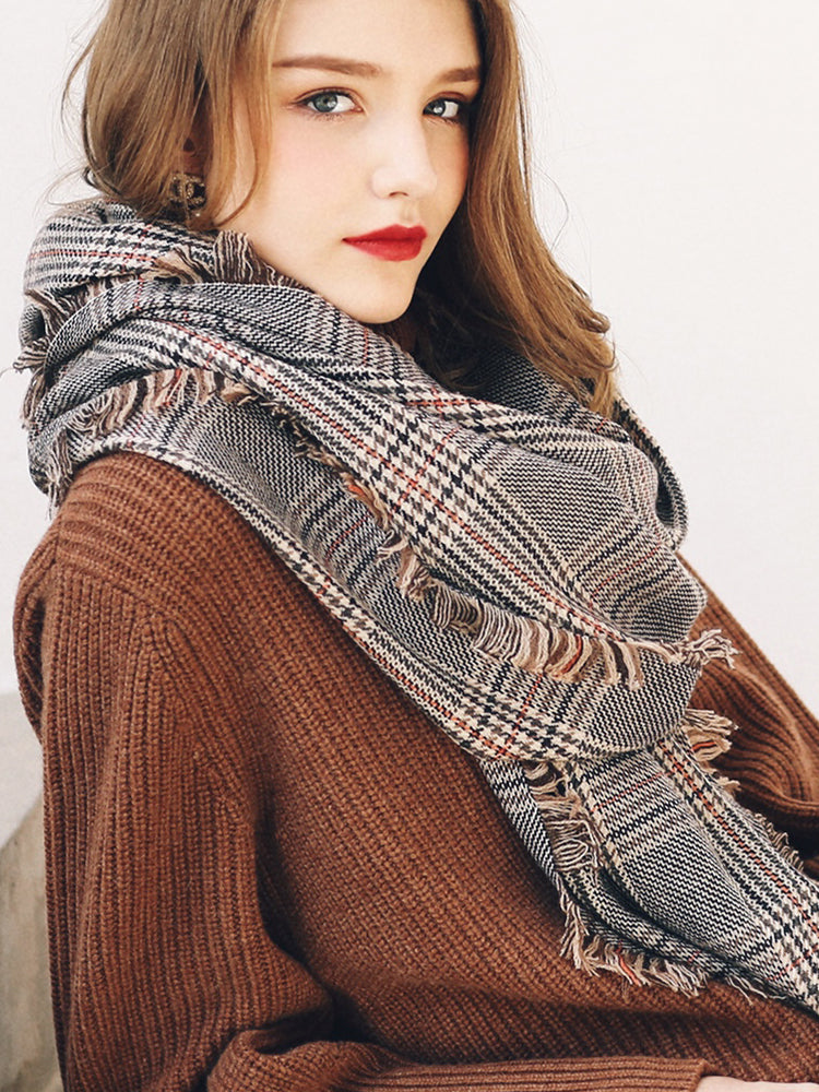 women's plaid houndstooth wool scarf, view 4 - MRSLM